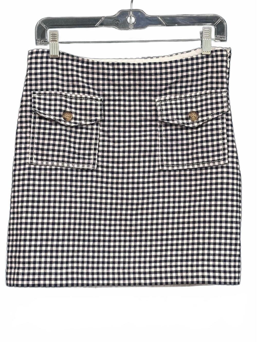 LOFT Women's Navy Blue and White Gingham Mini Skirt with Front Pockets, Size 4